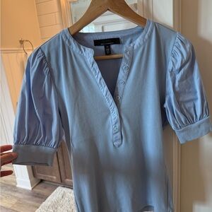 White House Black Market Light Blue Puff-Sleeve Henley Blouse